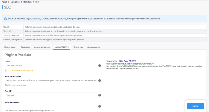 Tela de edição dos campos de SEO na DLoja Virtual