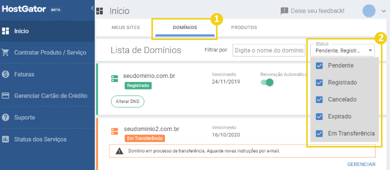 Seção de domínios no painel de cliente da HostGator