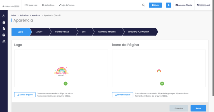 Tela de edição de aparência na DLoja Virtual