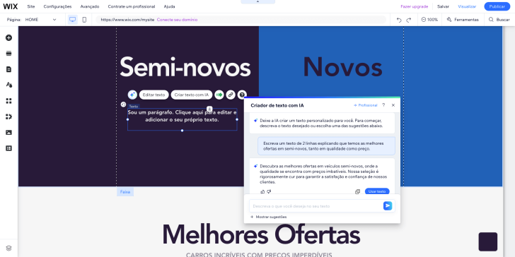 A IA do Wix pode ser usada para criar o conteúdo do site