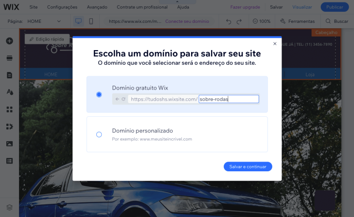 Ao salvar o site, é preciso escolher um domínio gratuito ou personalizado