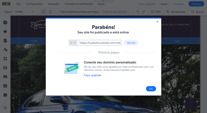 Tela informando que o site Wix foi publicado na Internet