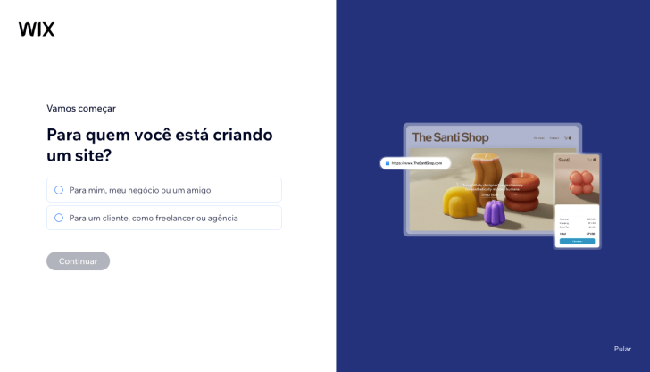 Primeira pergunta ao iniciar a criação de um site Wix