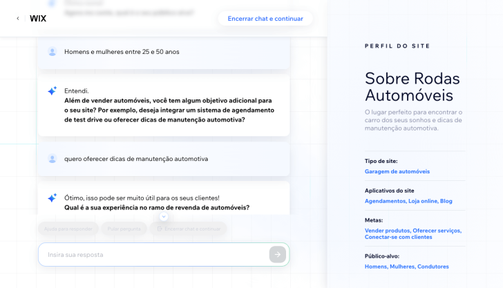 Trecho de uma conversa com a IA do Wix via chat