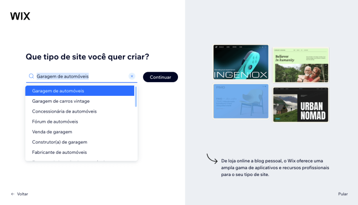 Ao selecionar o tipo de site, a Wix já realiza uma parte do processo de configuração