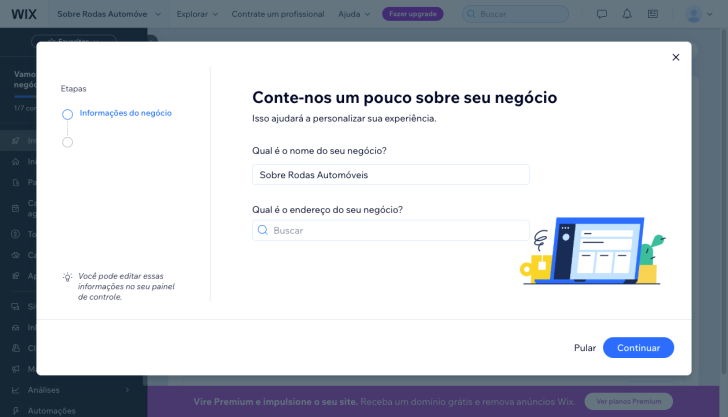 Etapa inicial de preenchimento das informações do negócio