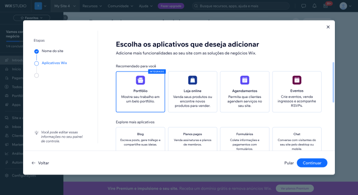 Etapa de seleção dos aplicativos que deseja adicionar ao site Wix