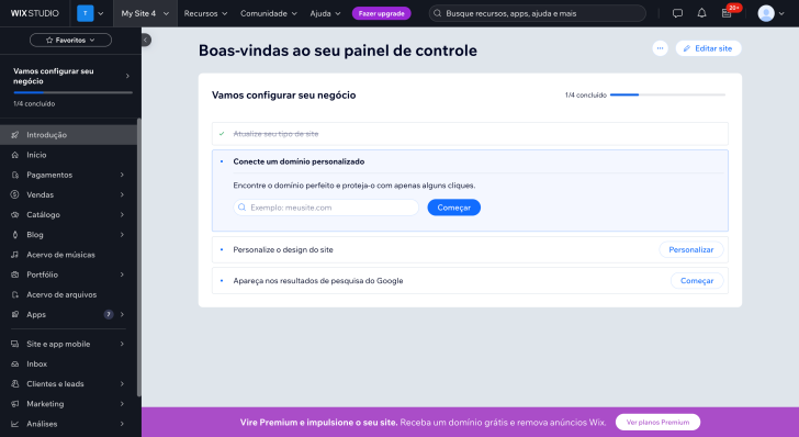 Painel de controle do Wix com as etapas de configuração do site