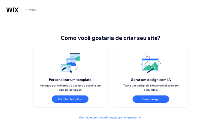 Escolha se quer personalizar um template existente ou gerar um novo design com a IA do Wix