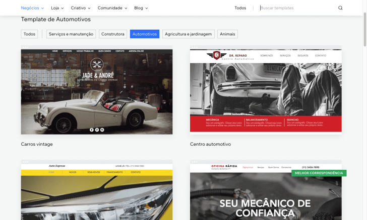 É possível filtrar os templates e visualizar apenas os modelos de determinada categoria
