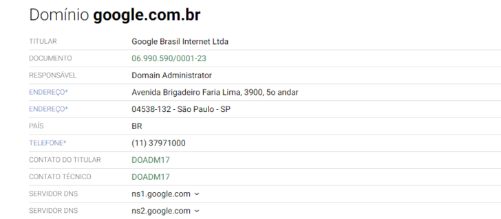 Resultado da consulta Whois para o domínio google.com.br