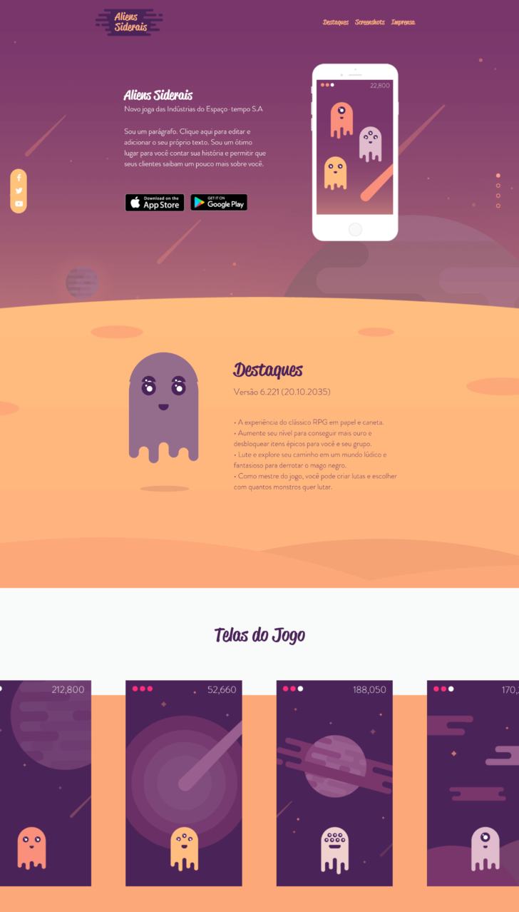 Template para site de aplicativos Aliens Siderais