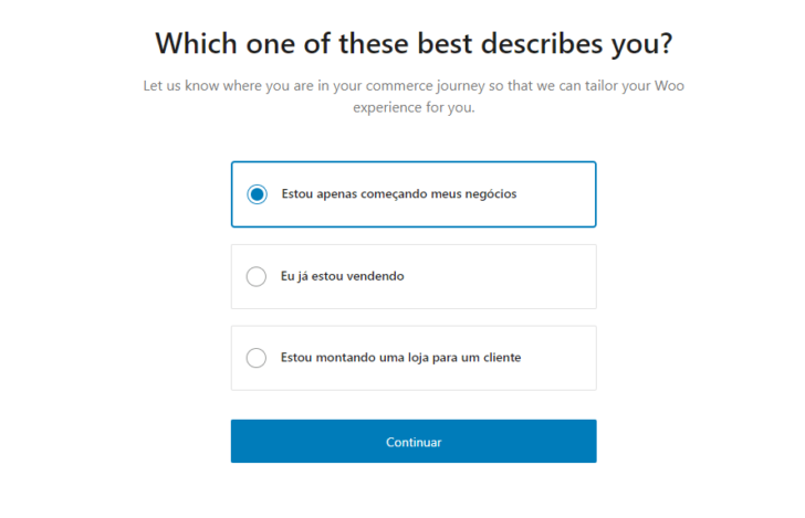 Segundo passo do assistente de configuração do WooCommerce