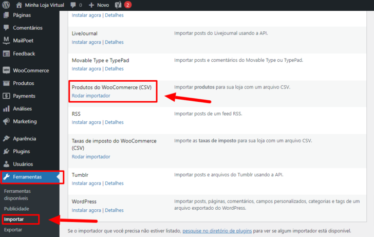 Importador de produtos e informações do WooCommerce