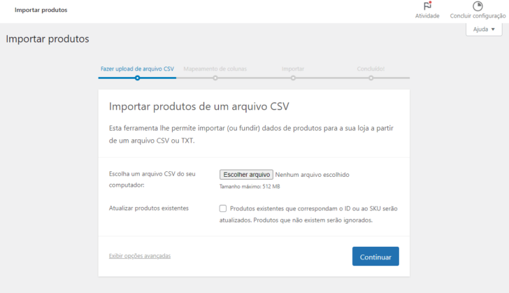 O primeiro passo para importar produtos é selecionar o arquivo .csv