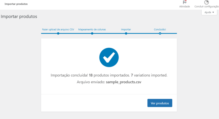 Tela de sucesso na importação de produtos a partir de um arquivo .csv