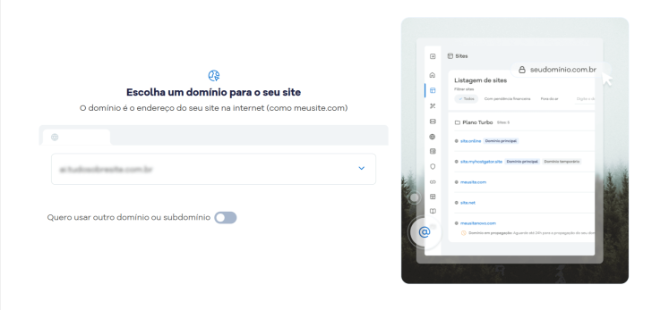 Etapa de escolha do domínio no assistente de IA da HostGator