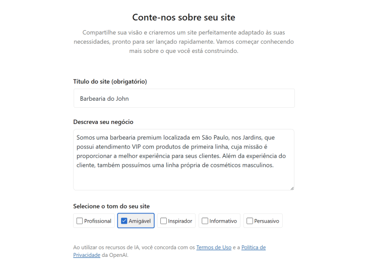 Este formulário serve como prompt para a IA montar o seu site