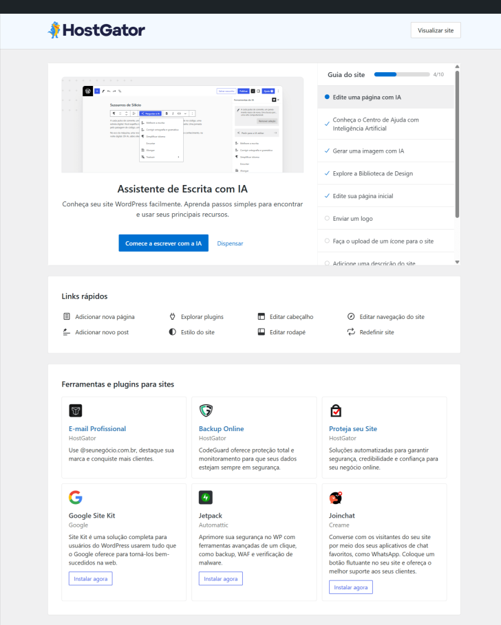 Página inicial do assistente de IA dentro do painel WordPress da HostGator