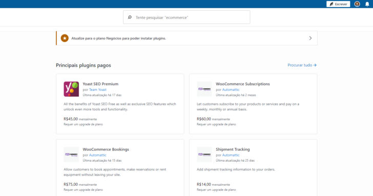 É necessário fazer um upgrade de plano para poder usar plugins em WordPress.com