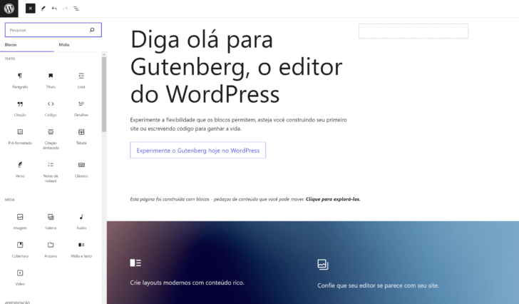 A inserção e edição de conteúdo no WordPress é feita através de um editor baseado em blocos