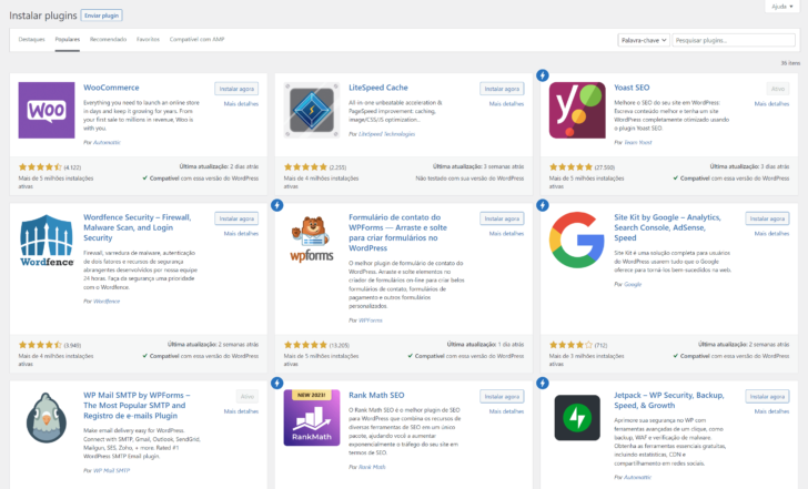 Os plugins podem ser instalados diretamente no painel de administração do site